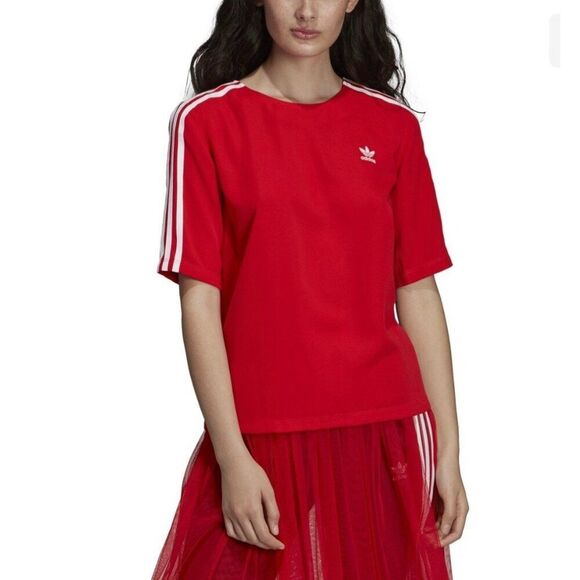 Adidas Women Red With Three White Stripe Short Sleeve Top Size XS - Picture 1 of 12